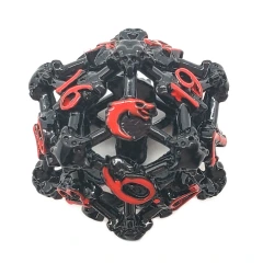 Old School Dice: Hollow Metal D20 Spindown -Skull - Black Nickel with Red